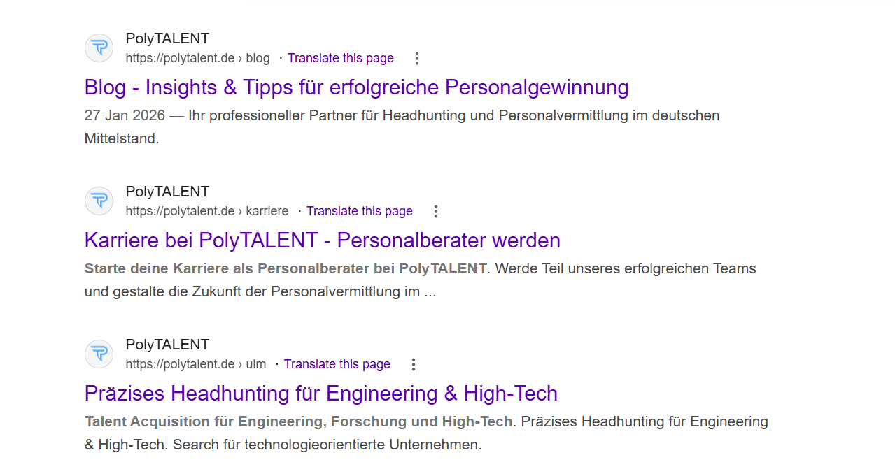 Google-Suchergebnis für die Personalvermittlung PolyTalent aus Lohne: die von Lightlap gebauten Standortseiten für Hannover und Münster stehen auf Seite eins