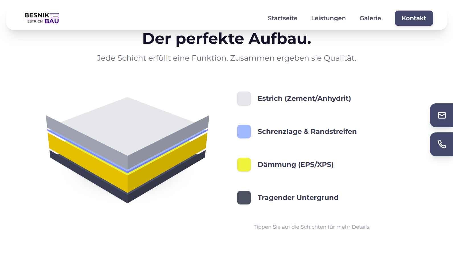Webdesign-Referenz Besnik Estrich – Leistungsseite eines Estrichlegers