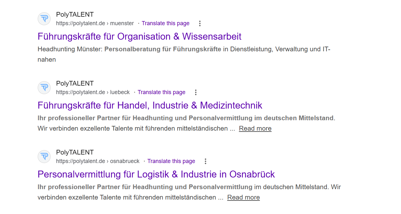 PolyTalent in den Google-Suchergebnissen für Führungskräfte und Personalvermittlung in mehreren Städten